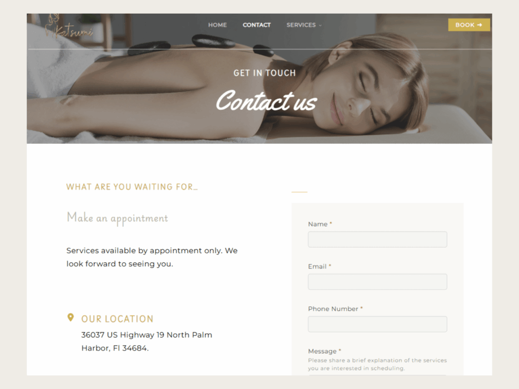 Contact and booking section of Katsumi Massage website with appointment form and location details.