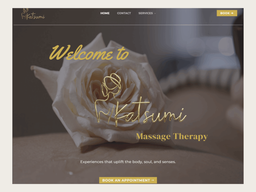 Homepage hero section for Katsumi Massage website featuring calming spa imagery and booking call-to-action.