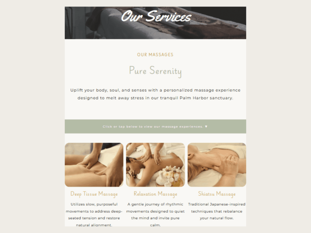 “Services section of Katsumi Massage website featuring massage categories with imagery, structured layout, and calming color palette.