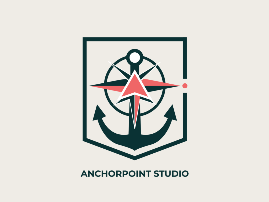 Anchorpoint Studio vertical logo in full color featuring anchor and compass navigation symbol on warm sand background