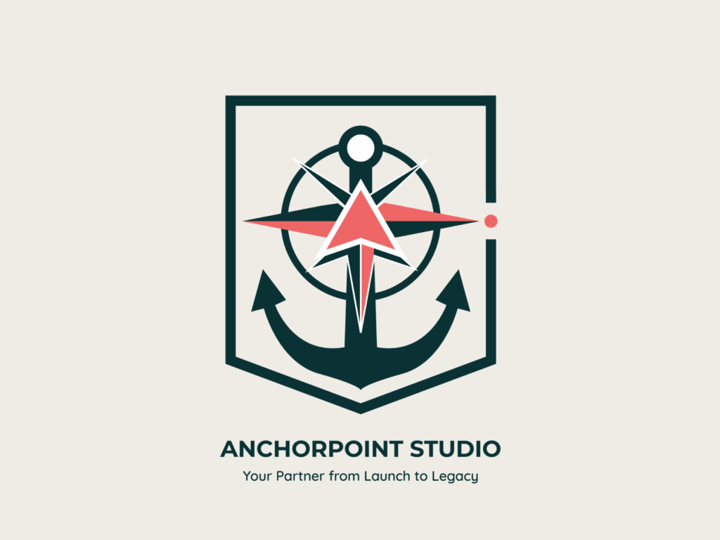 Anchorpoint Studio vertical logo with tagline “Your Partner from Launch to Legacy” in full color on warm sand background