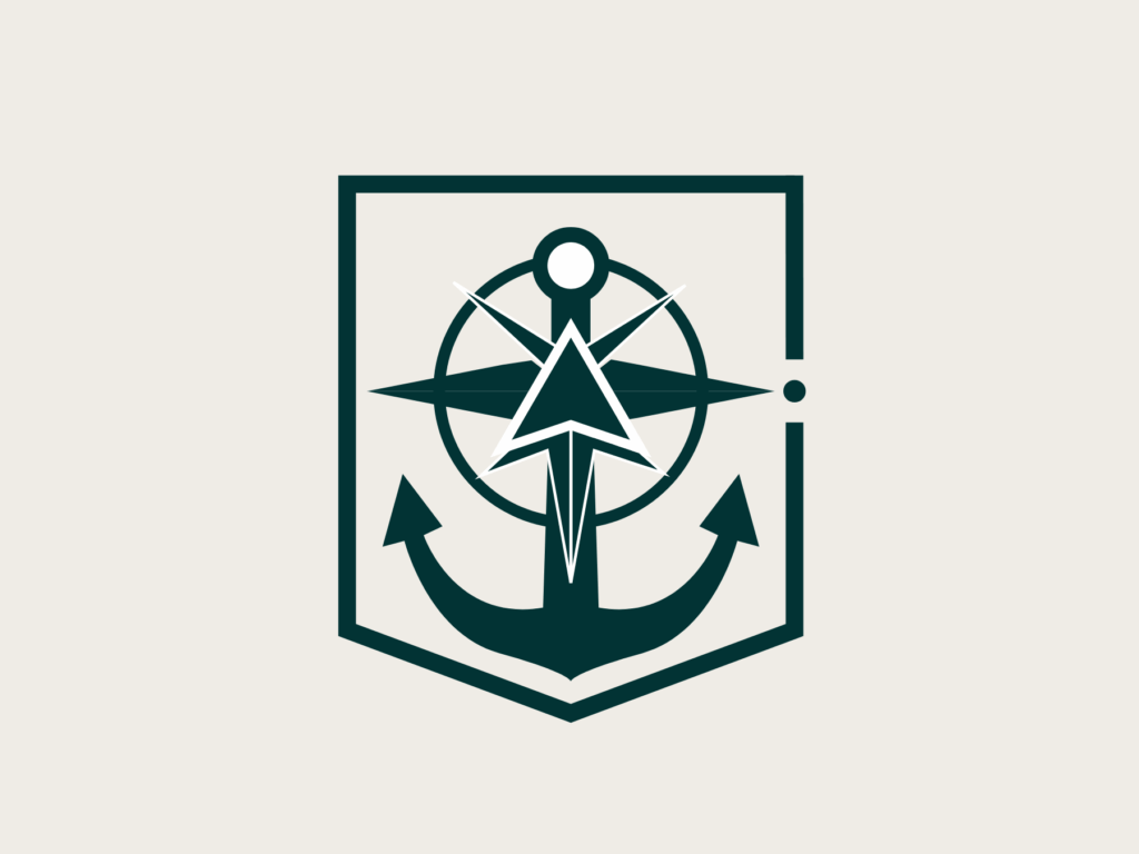 Anchorpoint Studio vertical logo in navy monochrome featuring anchor and compass symbol on warm sand background