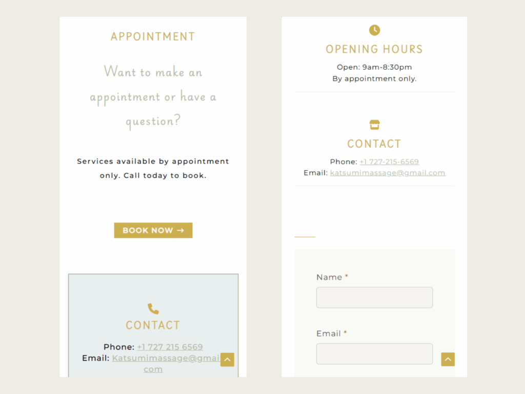 Mobile-responsive layout of Katsumi Massage website showing appointment call-to-action and contact form.